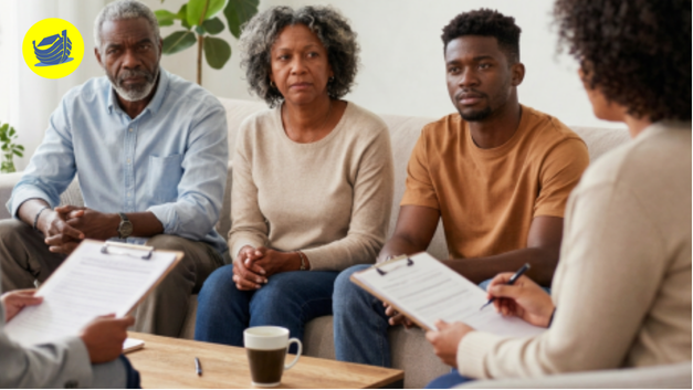 Família de gerações diferentes sentada em sala aconchegante conversando com consultor sobre planejamento funerário