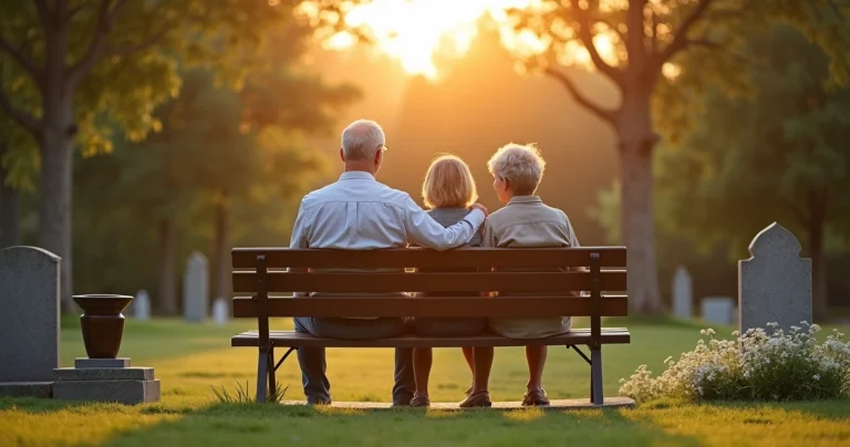 Família em silêncio refletindo em jardim tranquilo ao pôr do sol