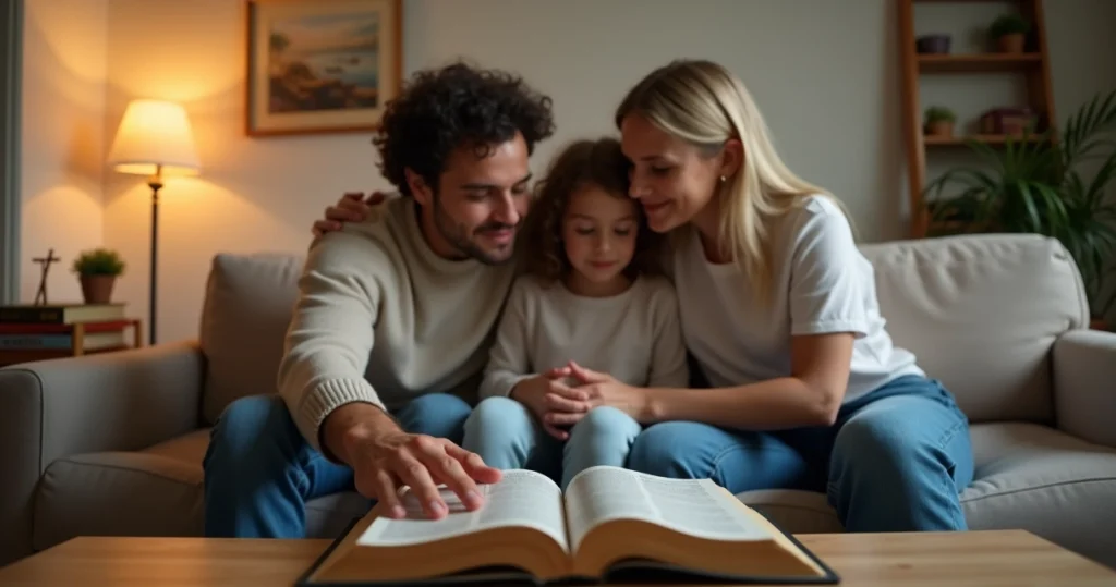 Família reunida no sofá lendo a Bíblia aberta em momento de reflexão e conforto